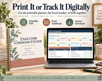 Executor Checklist | Executor Command Center, Estate Settlement Organizer (PDF + Excel Tracker)