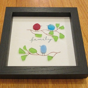 SEA GLASS Art Picture &quot;Family &quot;birds on branches a great picture nice color in a black frame just for you and your family  you will love it