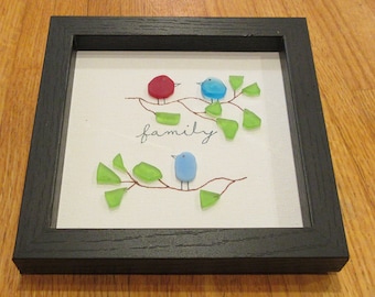 Sea Glass Art: Framed Family Birds Picture, Beach Decor (6x6)