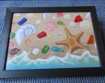 SEA GLASS Art Picture-"the sea shore with sea glass"- framed