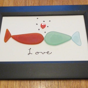 SEA GLASS Art Picture &quot;two kissing fish enjoying love&quot; a great picture nice color in a black frame a great picture for lovers friends