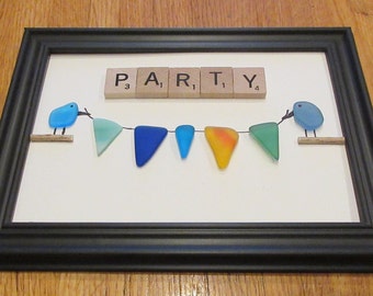 LET"S PARTY framed sea glass art picture made with scrabble titles and sea glass great to celebrate a party and free shipping in usa
