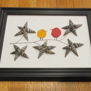 SEA GLASS shell Art Picture-&quot;two sea glass birds on branch with sea shell blossoms made from seashells&quot;nice picture great color you love it