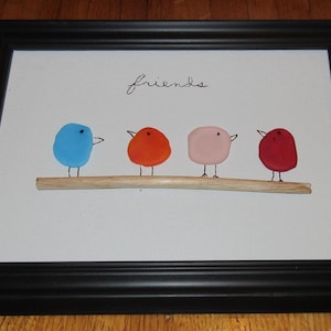 SEA GLASS Art Picture-&quot;four friends sea glass birds on branch with&quot; friends &quot;nice picture great color you will love it