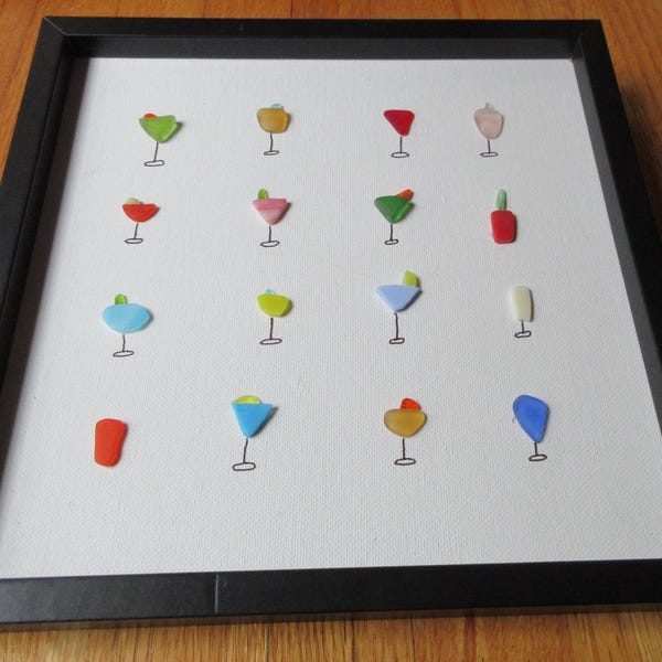 Sea Glass Cocktail Art: Handcrafted Liquor Picture, Black Frame (10x10)