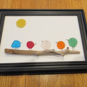SEA GLASS Art Picture-"a family of five birds out enjoying the sun- free shipping in usa framed in black great picture with great color