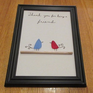 SEA GLASS Art Picture &quot;Thank you for being a friend&quot;two birds on branch nice color in a black frame just for you and your friend enjoy