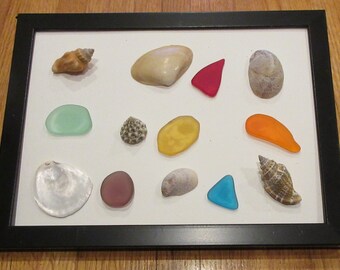 SEA GLASS Art Picture "The  real sea shore with sea glass and shells"-framed black free shipping in u s a  a great picture for a beach lover