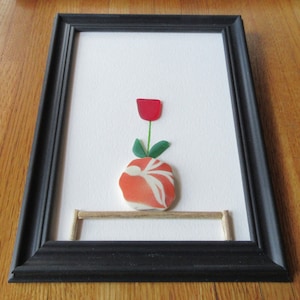 SEA GLASS Art Picture &quot;A beautiful plant in colorful pottery seaglass pot on a bench&quot; free shipping in usa  great picture for flower  lovers