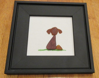 PEBBLE ART sea glass picture "i love my dog" in a nice black frame for lover of their best friends dogs