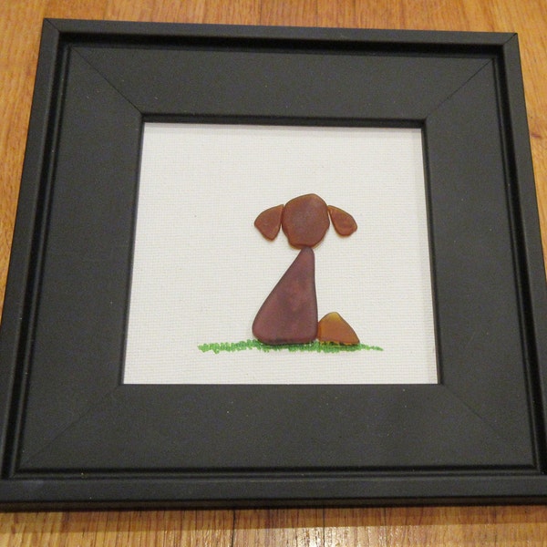 PEBBLE ART sea glass picture "i love my dog" in a nice black frame for lover of their best friends dogs