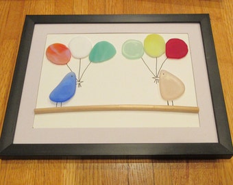 SEA GLASS Art Picture-"ballons  let's party"-framed Free shipping in usa - great gift two birds with ballons nice picture with great colors