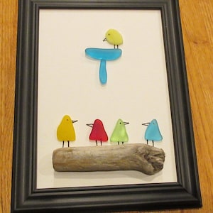 SEA GLASS PEBBLE  Art Picture&quot;family of five birds - resting and one in birdbath &quot;-framed in black frame  free shipping in usa
