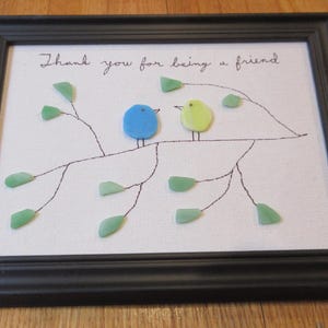 SEA GLASS Art Picture&quot; Thank you for being a friend &quot; birds on branch nice color in black frame for you and your friend will love it
