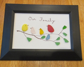 SEA GLASS Art Picture" Our Family "-framed in black - free shipping in U S A nice picture with great color