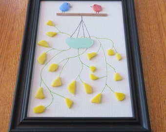 SEA GLASS Art Picture "a colorful hanging  plant with yellow flowers and two birds " framed a great plant for a plant lover nice colors
