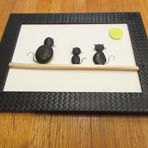 Sea Glass Pebble Art: Three Cats in the Sun - Black Frame
