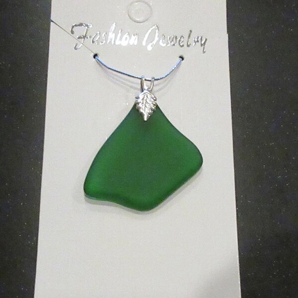 Beautiful GREEN Sea Glass NECKLACE pendant handmade by me with silver plated bail and 24"ball chain in gift box free shipping usa great gift