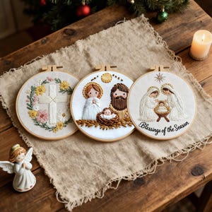 3 Nativity Embroidery Kits Christmas Craft with Hoop, Color Threads, DIY for Beginners