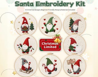 8 Christmas Mini Embroidery Kits, Merry Car Wall Hanging, Beginner Craft Gift (12cm Hoop)