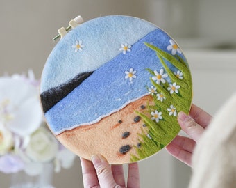 Beach View Needle Felting Kit for Beginner Friendly DIY Craft Gift for Christmas 8 inch Embroidery Hoop Art