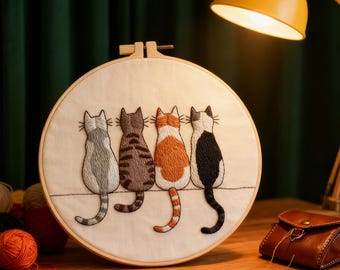 Christmas Cats Embroidery Kit, Beginner DIY Craft with Hoop