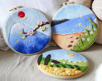 Needle Felting Kit Landscape Framed In Embroidery Hoop 8" Craft Christmas Gift Full Kit Christmas Gift