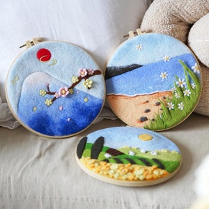 Needle Felting Kit Landscape Framed In Embroidery Hoop 8&quot; Craft Mother&#39;s Day Gift