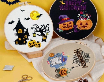 3 Sets Halloween Trick or Treat Embroidery Kits for Beginners - Halloween Party Decor - Halloween Unique DIY Cross Stitch Kits