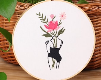 Christmas Gift - Minimalist Lady first Embroidery Kit for Beginner - Beauty and Flower Pattern