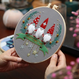 Gnomes Christmas Embroidery Kits with Christmas Patterns, Embroidery Hoop, Color Threads, Needles Embroidery Kit for Beginners