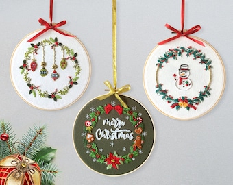 Christmas Embroidery Kit with Pattern, Embroidery Hoop, Color Threads Tools Kit - English Instruction for Beginners (8in/20cm)