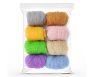 May include: A clear plastic bag filled with eight balls of wool yarn in various colors: gray, brown, yellow, pink, green, purple, blue, and beige.
