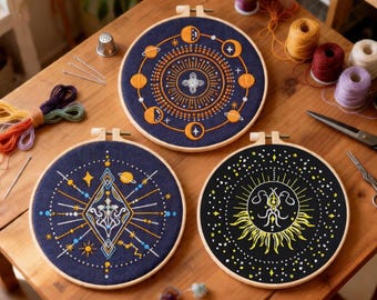 3 Pack Space Embroidery Kit, Beginner DIY Craft Set with Hoop, Threads, Needles