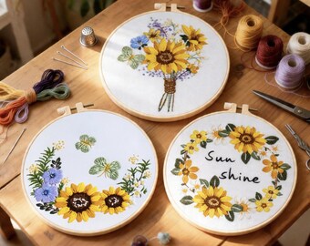 3 Pack Sunflower Embroidery Kit, Beginner Floral DIY Craft Set, 8 inch Hoop