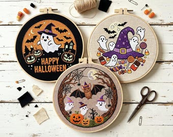 Cute Spooky Halloween Embroidery Kit 8 Inch, DIY Hand Stitching Kit, Pumpkin Ghost Bat Embroidery Hoop Art, Beginner Craft Gift
