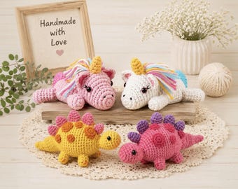 Ankylosaurus Dinosaur and Unicorn Crochet Kit for Beginners, Full DIY Handmade Craft Set