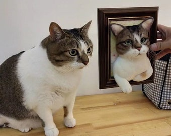 Aangepaste naaldvilten kattenportret, handgemaakte wollen huisdierreplica