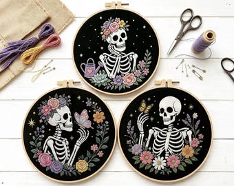 Skeleton Spooky Halloween Embroidery Kit 8 Inch, DIY Hand Craft Kit for Beginners Cross Stitch Kit