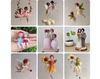 May include: A collection of felt dolls, including fairies, a couple, and children. The dolls are handmade and feature intricate details, such as wings, flowers, and clothing.