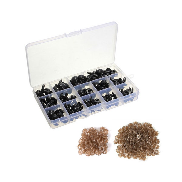 300pcs Including 150pcs Plastic Black Safety Eyes, 150 pcs Disk for Dolls Decys Sewing Packaged by Grid Box (6/8/9/10/12mm)