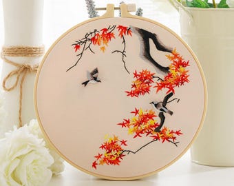Maple Leaves Embroidery Kit, Birds, DIY Craft (8 inch)