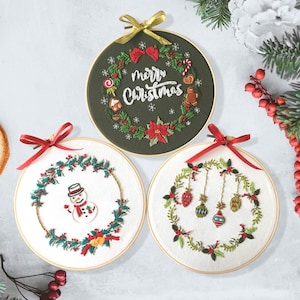 Christmas Embroidery Kit with Pattern, Embroidery Hoop, Color Threads Tools Kit English Instruction for Beginners 8in/20cm 3 Kit with 1 Hoop -B