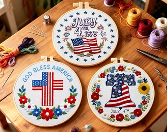 Independence Day Embroidery Kit, USA Flag Craft Set, Beginner DIY Hoop Threads Needles