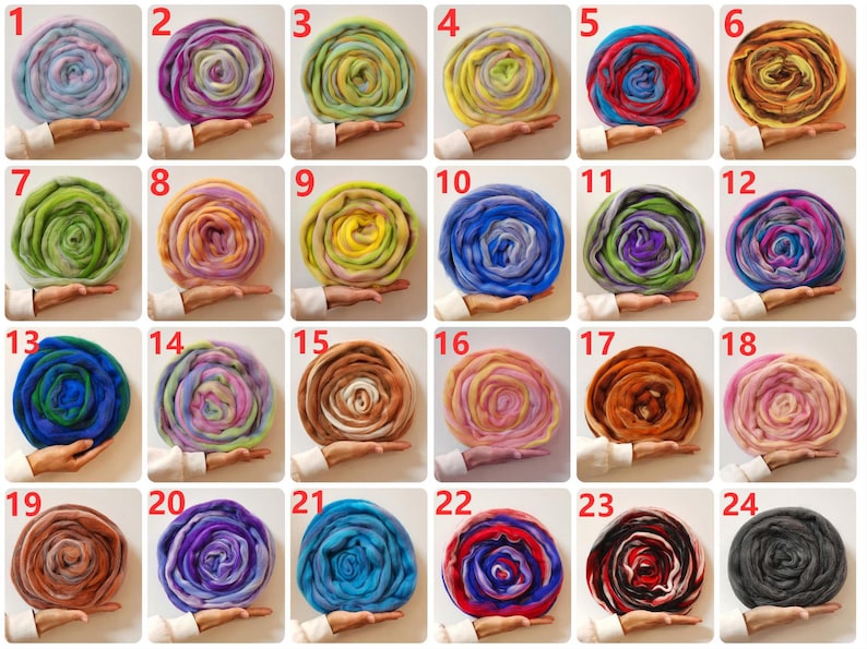 May include: Twenty-four skeins of yarn in various colors and patterns, arranged in a grid. Each skein is rolled up and held in a hand.