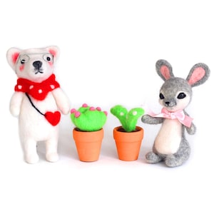 Rabbit, Bear, 2 Cactus Needle Felting Kits Gift Wrap Felting Wool for Beginners with Instruction (4 Kits)