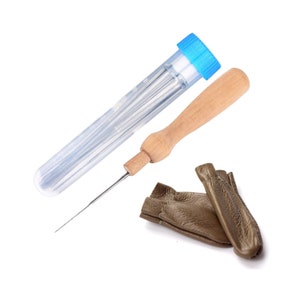 60 Stück 3 Größen Filznadeln mit 1 Stück Fläschchen und 1 Stück Holzgriff und 1 Paar Leder Fingerschutz für Nadelfilz-Sets