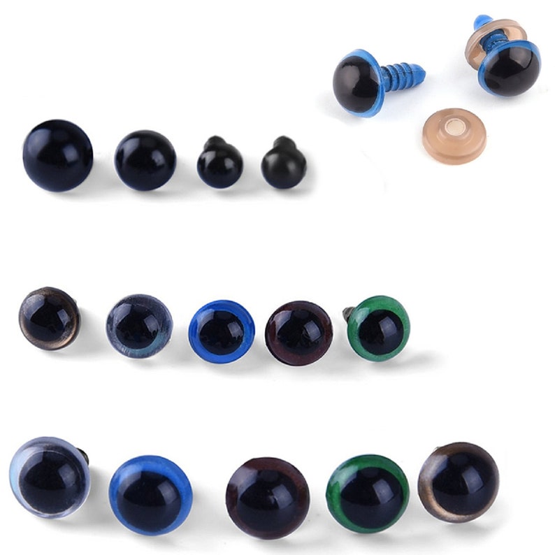 May include: Assortment of plastic safety eyes for crafts. The eyes come in various sizes and colors, including black, brown, blue, and green. Some eyes have a screw-on back, while others have a washer.