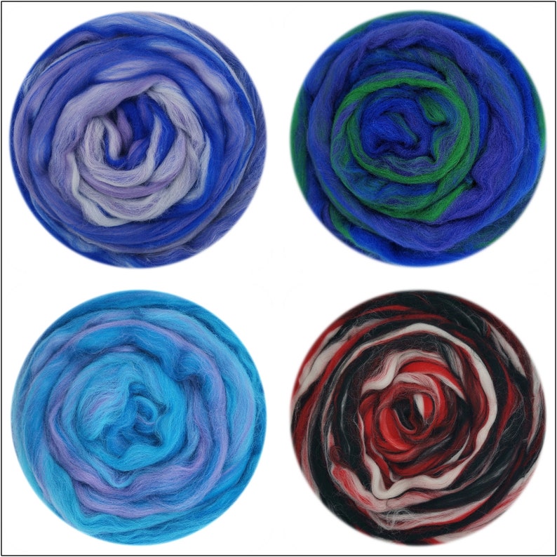 May include: Four balls of wool yarn in different color combinations. The first ball is blue, white, and purple. The second ball is blue, green, and white. The third ball is blue, purple, and white. The fourth ball is red, black, and white.