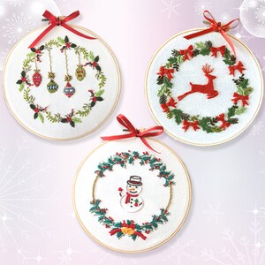 Christmas Embroidery Kit with Pattern, Embroidery Hoop, Color Threads Tools Kit English Instruction for Beginners 8in/20cm 3 Kit with 1 Hoop -A